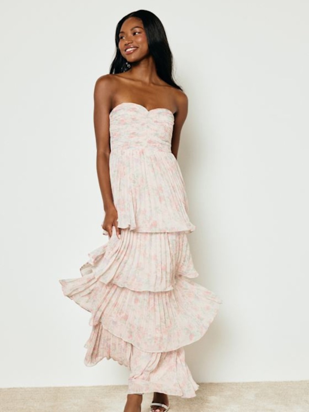 Lulus Seriously Sensational Blush Floral Strapless Tiered Maxi Dress Pink